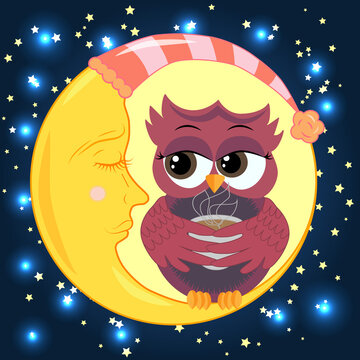 Cute cartoon owl coquettish with a cup of coffee sitting on a crescent moon dormant in the night sky with stars