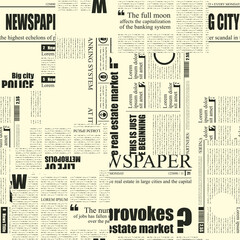 Monochrome seamless pattern with a collage of newspaper clippings. Repeating vector background in retro style with imitation of text and headlines. Suitable for wallpaper, wrapping paper or fabric