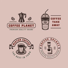 Set of vintage retro style coffee emblems, logos, badges. Can be used like poster or print. Monochrome Graphic Art. Vector Illustration. Detailed woodcut style design.