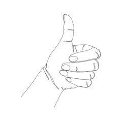 One line drawing of hand showing great sign. Continuous line finger up. Hand-drawn vector illustration.