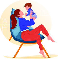 Happy mother with a baby. Woman holds her child in her arms up in the air. Vector illustration cartoonish style