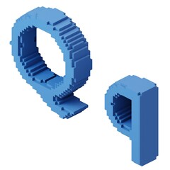 Letter Q shaped block pixel with blue cubes. 3d illustration.