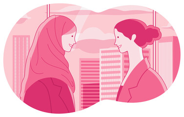 Monochromatic pink composition with two cheerful business women. Multicultural team with Muslim business woman in hijab. Window overlooking skyscrapers.
