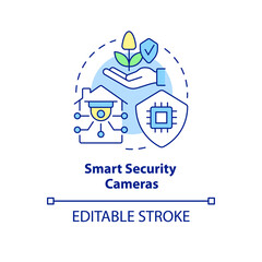 Smart security cameras concept icon. Agricultural innovation abstract idea thin line illustration. Home setup. Isolated outline drawing. Editable stroke. Arial, Myriad Pro-Bold fonts used