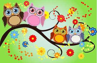 Naklejka premium Bright cute cartoon owls sit on the flowering branches of fantastic trees