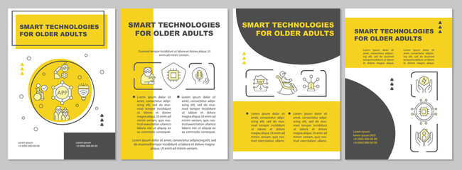 Smart technologies for older people yellow brochure template. Tech devices. Leaflet design with linear icons. 4 vector layouts for presentation, annual reports. Arial, Myriad Pro-Regular fonts used