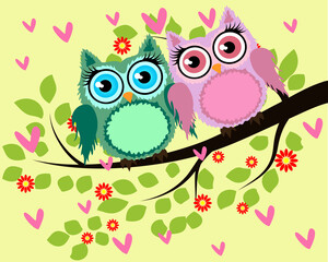 Bright cute cartoon owls sit on the flowering branches of fantastic trees.