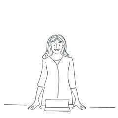 continuous line working with computers company employee student technology modern hand drawn vector illustration doodle one line