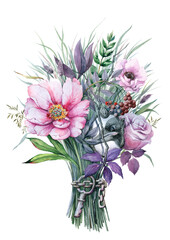 Illustration of a fabulous bouquet with a mirror and an antique key.