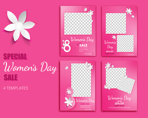 Set of Womens Day Sale social media post template. Web banner, flyer or poster.Social media post templates for women's day.Square social media banner post template.With place for the photos.