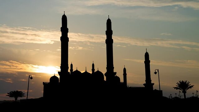 Al-Saleh Mosque in the Sanaa, capital of Yemen, Time Lapse at Sunrise with Colorful Clouds