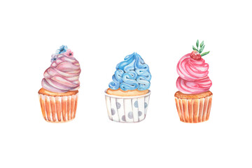 Watercolor cupcakes. Set of watercolor cupcakes. Watercolor food illustration. Food art. Creamy cakes. Watercolor muffins. Sweet design for cafe, cards, menu, recipe, gifts, banners, logo, bakery