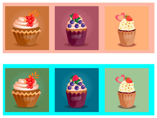 Set of berry muffins with cream.