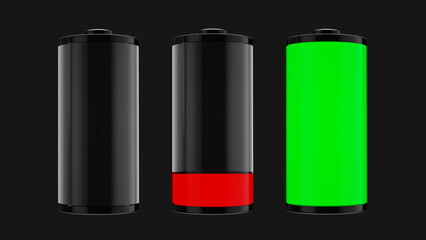 Charge icon on black background, battery is low. Charging progress. 3D Render.
