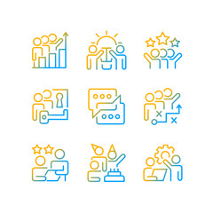 Team activity gradient linear vector icons set. Cooperation and teamwork to work on project. Successful company. Thin line contour symbol designs bundle. Isolated outline illustrations collection