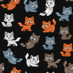 Cute Cat Seamless Pattern with Difference Poses. Vector