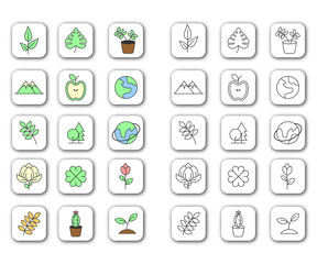 nature foliage botanical ecology drawing icons set. Set of linear nature icons. Landscape icons in simple design. Vector illustration