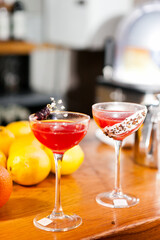 Closeup glass of orange alcoholic cocktails decorated with citrus slices