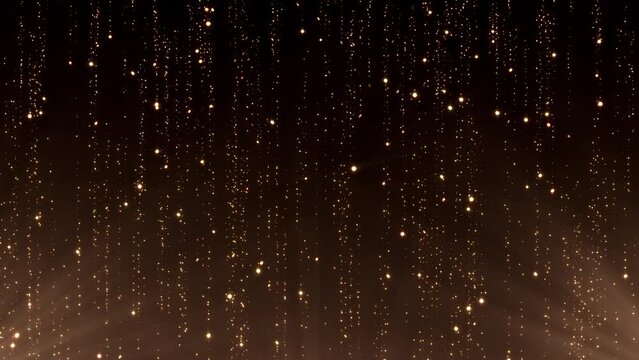 Golden curtain made from gold glittering particles. Perfect to use for New Year, awards ceremony or fashion show background. 3D animation. Seamless loop. 4K