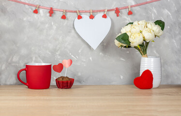 Happy Valentine's day. Valentine's day background design. Present, the cups are red. Banner. copy space