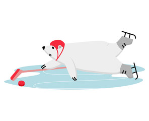Polar bear ice hockey player. Funny mascot skating with stick and puck in attack.