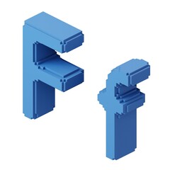 Letter F shaped block pixel with blue cubes. 3d illustration.
