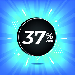 37% off. Blue banner with thirty-seven percent discount on a black balloon for mega big sales.