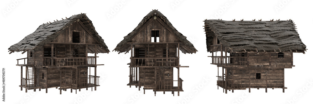 Poster 3 views of a medieval house built of wood. 3D rendering isolated on white background.