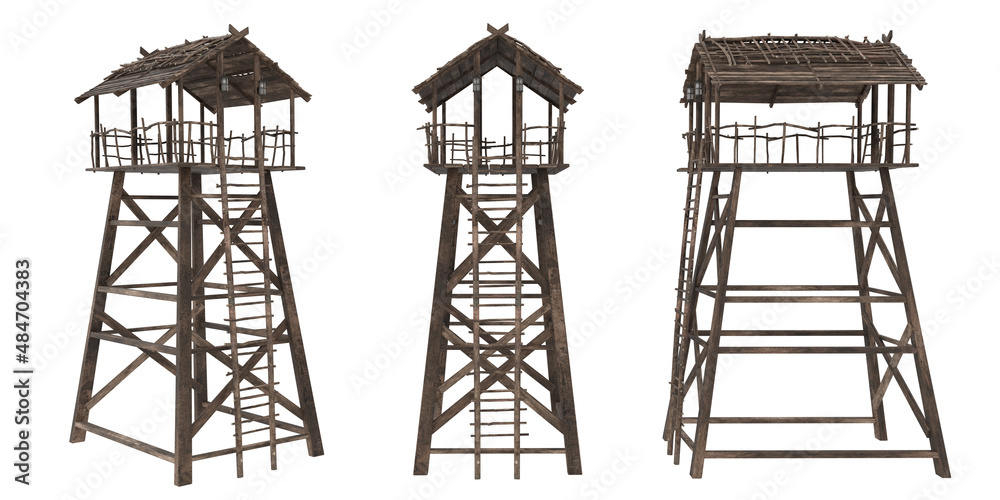 Poster medieval wooden look out tower. 3d rendering isolated on white background.