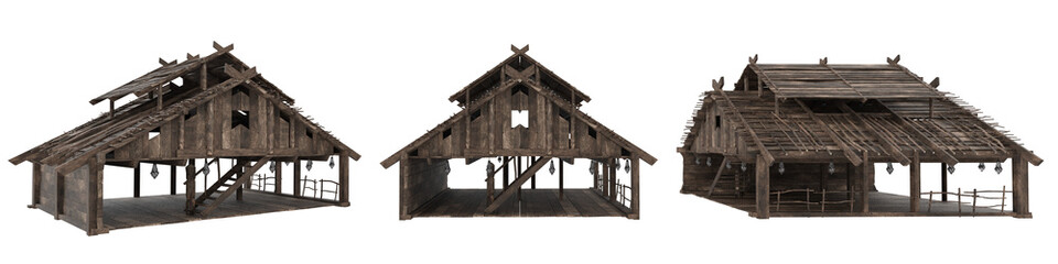 3 views of an old medieval wooden barn building. 3D illustration isolated on white background.
