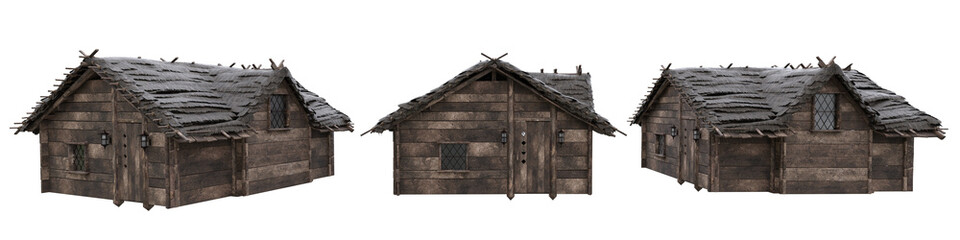 Medieval wooden house seen from 3 angles. 3D illustration isolated on white background.
