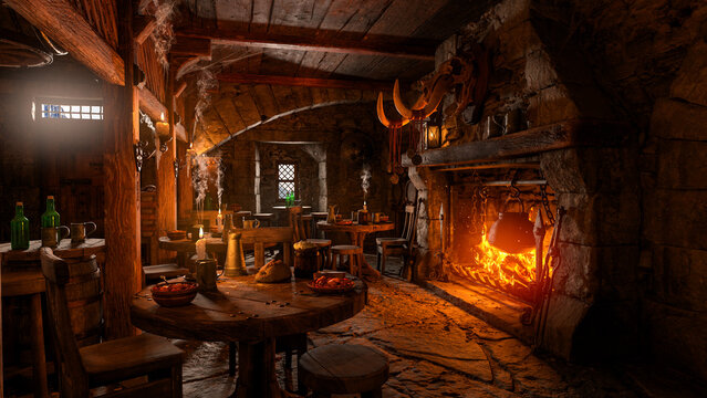 Medieval inn or tavern interior with tables of food and drink around a burning open fire. 3D rendering.