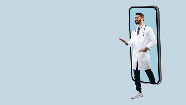Doctor coming out big smartphone screen, panorama