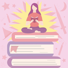 The concept of love for reading. A young woman sits on a stack of exaggeratedly large books and reads a fantasy saga. The development of human fantasy, fictional worlds. Flat vector illustration