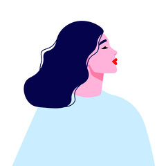 vector image of a girl with an elegant long neck, blue hair and red cherry lips.