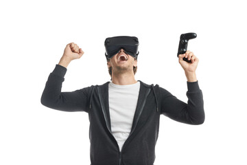 Joyful man in VR goggles celebrating win in videogame