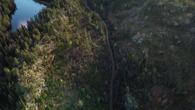 Road following Lake Svarttjorn Sunset Mountain View Forest Range Norway 4K Drone