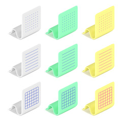 3D image of a collection of isolated icons with curved sheets of paper of different types and colors on a white background