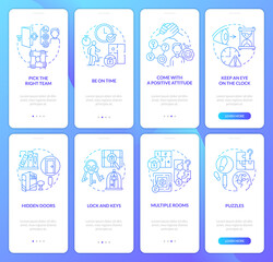Escape room challenges blue gradient onboarding mobile app screen set. Walkthrough 4 steps graphic instructions pages with linear concepts. UI, UX, GUI template. Myriad Pro-Bold, Regular fonts used