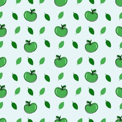 Seamless square pattern , green fruits with leaves, apple tree fruits