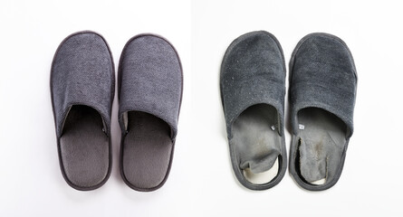 Clean and dirty gray slippers on a white background.Hotel bath slippers top view isolated on white background. Clear warm domestic sandal or sneakers. Bed shoes accessory footwear.