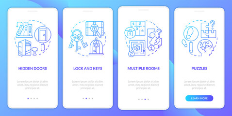 Escape room aspects blue gradient onboarding mobile app screen. Walkthrough 4 steps graphic instructions pages with linear concepts. UI, UX, GUI template. Myriad Pro-Bold, Regular fonts used