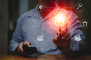 Cybersecurity concept and data protection privacy, padlock icon. and internet security technology, business people show personal data protection with virtual screen interface.