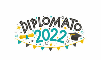 Italian Doodle Logo for the 2022 graduate with a bachelor cap, rolled scroll, flags and stars. Vector illustration for badge or emblem. Isolated on white background. Translation: Graduation