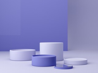 Abstract minimal scene with geometrical forms. Cylinder podiums in Very Peri color. Abstract background. Scene to show cosmetic podructs. Showcase, shopfront, display case. 3d render. 