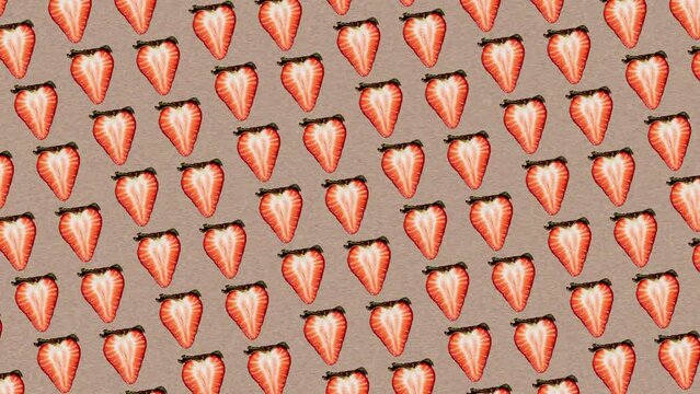 Motion graphics pattern with many Ripe Strawberry slices with green leaves that wiggle and rotation on Noise texture background. 3 in 1 different sides and size animations for 10 sec. Summer fruits