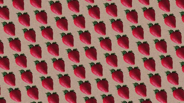 Colorful pattern of  wiggle and rotating Ripe strawberry with green leaves isolated on Noise paper texture background. 3 in 1 different sides and size animations for 10 sec. Love 4K Creative animation
