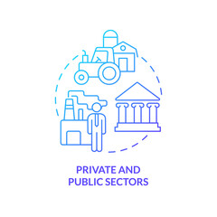 Private and public sectors blue gradient concept icon. State intervention. Mixed economy features abstract idea thin line illustration. Isolated outline drawing. Myriad Pro-Bold fonts used