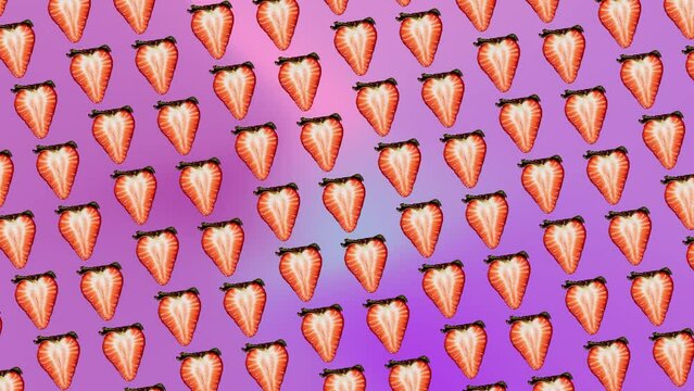 Interesting rotate and wiggle animation pattern with Half of a berry with green leaves on a trending ligh pink-purpule multi colored gradient background. 3 in 1 animations for 10 sec. Summer raw fruit