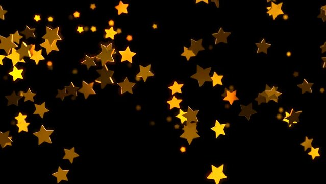Golden stars moving against a black background. Decorative pattern, Christmas and star design concept. 3D animation. 